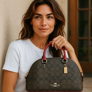 COACH Brown Signature Dome Satchel with Red Handles